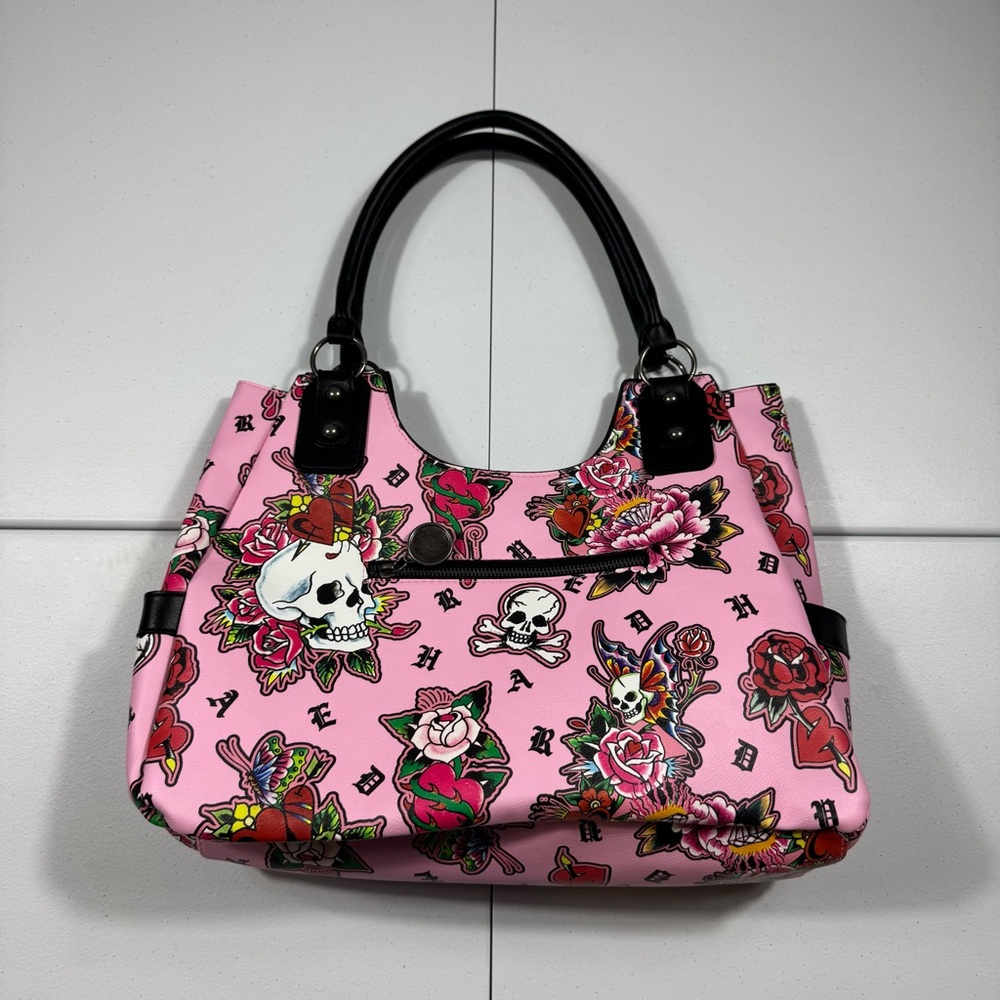 Ed Hardy Pink Floral Skull Shoulder Bag